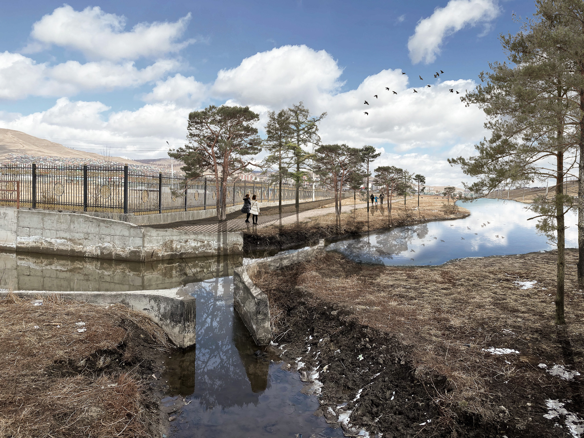 landscape render of the Erdenet climate adaptation water channels and basins